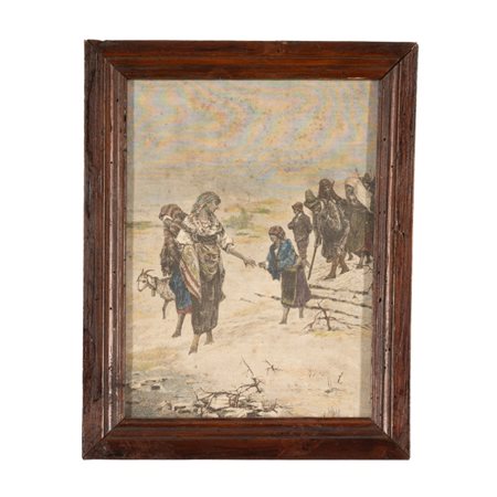 Giacomo Ernesto Eduardo  Di Chirico (Venosa, 1844  - Napoli, 1883) 
Contadini abruzzesi nella neve 
incisione acquerellata cm 30x23,5