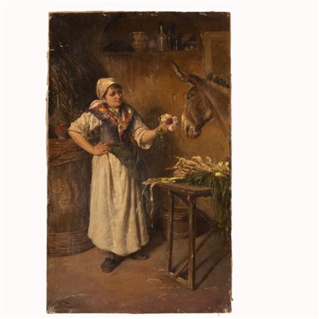 Vincenzo Caprile (Napoli, 1856 - Napoli, 1936) 
"Fiori agli asini" 
olio su tela cm 60x36.5; con cornice 79x54