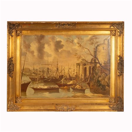 Renato Longanesi (1931 - ) 
Navi a vela alla fonda 
olio su tela cm 60x90; con cornice cm 100x130