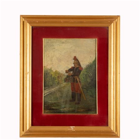 Étienne-Prosper Berne-Bellecour (Boulogne-sur-Mer, 1838 - Parigi, 1910) 
Ufficiale sulle rive del Savara 
olio su tela cm 33x24,5; con cornice cm 52x42,5