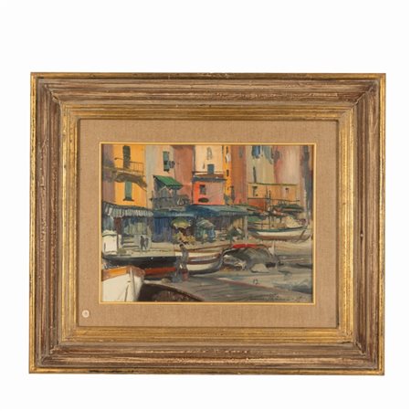 Romano Stefanelli (Firenze, 1931  - Firenze, 2016) 
Porto 
olio su tavola cm 30,5x41; con cornice cm 56,5x66