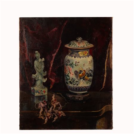 Carlo  Pittara (attribuito a) (Torino, 1835 - Rivara, 1891) 
Natura morta con vaso 
olio su tela cm 57x45; con cornice cm 82x72,5