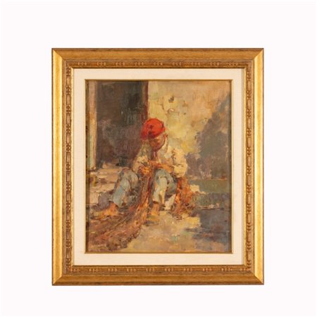 Vincenzo Irolli (firma_di) (Napoli, 1860 - Napoli, 1949) 
Pescatore che rammenda le reti 
olio su cartoncino telato applicato su masonite cm 45x38,2; con cornice cm 60,2x54