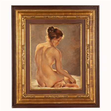 Giovanni  Marchini (firma_di) (Forlì, 1877 - Forlì, 1946) 
Nudo di donna di tergo 
olio su tavola cm 45x35; con cornice cm 69x60