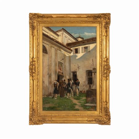 Carlo Ademollo (Firenze, 1824 - Firenze, 1911) 
Gruppo di soldati con sacerdote 
olio su tela cm 79x50; con cornice cm 100x74