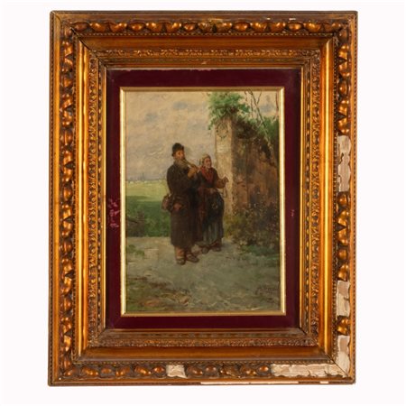 Angelo  Trezzini (firma_di) (Milano, 1827  - Milano, 1904) 
Coppia di suonatori ambulanti XIX secolo
olio su cartone pressato cm 38,5x29; con cornice cm 54x44