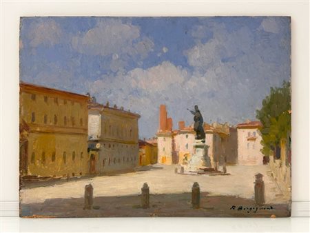 Romeo Borgognoni (Ravenna, 1875 - Pavia, 1944) 
Veduta di piazza con una statua 
olio su cartoncino cm 30x42; con cornice cm 42x53