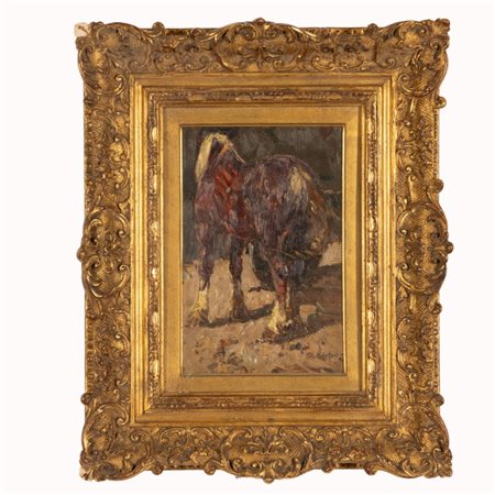 Alessandro Lupo (Torino, 1876 - Torino, 1953) 
Cavallo di tergo 
olio su tavola cm 32,5x25,5; con cornice cm 51,7x41,5