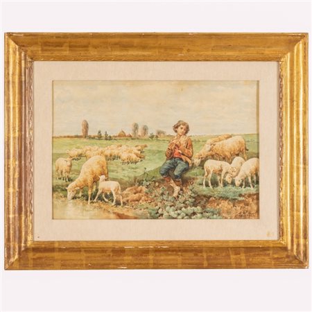 Giuseppe Gabani (Senigallia, 1846  - Roma, 1899) 
Pastore che suona piffero tra le greggi 
acquerello su carta cm 37x56; con cornice cm 58x78