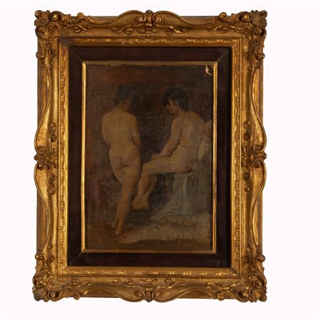 Alessandro Milesi (ambito di) (Venezia, 1856 - Venezia, 1945) 
L'Atelier del pittore 
olio su cartoncino pressato cm 50,5x34; con cornice cm 65x51,5