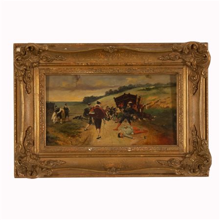 Federico Faruffini (firma_di) (Sesto San Giovanni, 1833 - Perugia, 1869) 
Duello dopo l'assalto alla diligenza XIX secolo
olio su tavola cm 18,5x32; con cornice cm 31x45