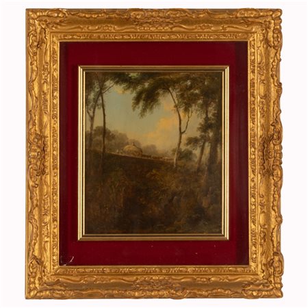 Consalvo Carelli (firma_di) (Napoli, 1818 - Napoli, 1900) 
Carovana di buoi e contadini 
olio su tavola cm 30x24,5; con cornice cm 50x44