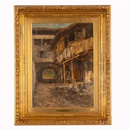 Giuseppe Sartori (Venezia, 1863 - Padova, 1922) 
Scorcio di caseggiato  Fine XIX secolo inizi XX sec
olio su tavola cm 46x33; con cornice cm 62x50