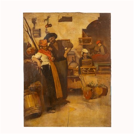 Alessandro Milesi (firma_di) (Venezia, 1856 - Venezia, 1945) 
Coppia di innamorati alla festa 
olio su tavola cm 56x42,5; con cornice cm 93x79,5