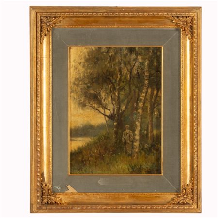Lorenzo  Delleani (Pollone, 1840 - Torino, 1908) 
Uomo in un bosco 
olio su tela cm 38x26; con cornice cm 60x51
