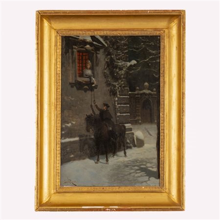Lucius Rossi (Roma, 1846 - Parigi, 1913) 
Recapito di un biglietto d'amore 
olio su tavola cm 45,5x31; con cornice cm 69x43