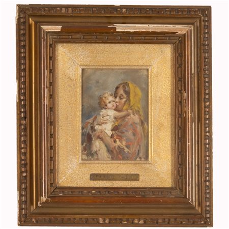 Fabio  Fabbi (Bologna, 1861 - Casalecchio di Reno, 1945) 
Madre con bambino 
olio su tela cm 16x11,5; con cornice cm 36x32,5