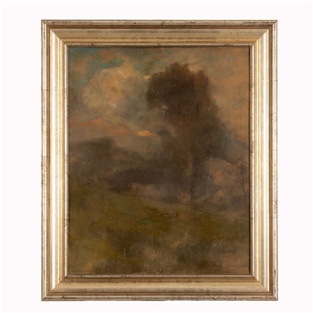 Vittore Antonio Cargnel (Venezia, 1872 - Milano, 1931) 
Sera a Poffabro 
olio su cartone cm 49,5x40; con cornice cm 60x50,5