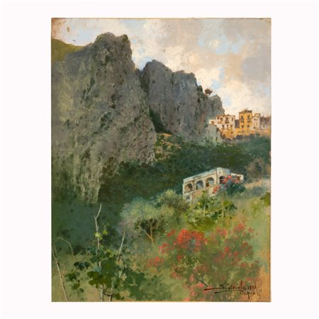 Salvatore Petruolo (Catanzaro, 1857 - Catanzaro, 1946) 
Veduta di Capri fine XIX sec inizi XX sec
olio su cartoncino  cm 26x21; con cornice cm 57x50