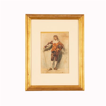 Giuseppe Cassioli (Firenze, 1865 - Firenze, 1942) 
Gentiluomo con bastone da passeggio 
acquerello su carta cm 23x15,5; con cornice cm 43x33
