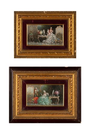Raffaele Zeloni  
Coppia di dipinti  olio su cartone " Preparativi per il ballo" 
olio su tavoletta 1) cm 12,6x21,1; con cornicecm 26,5x35,3; 2) cm 12,6x21x1; con cornice cm 31,5x40,2