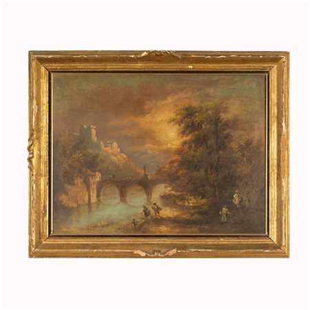 Marco Calderini (Torino, 22 luglio 1850 - 26 febbraio 1941) 
Scorcio di paesaggio fluviale con viandanti e ponte 
olio su tela cm 51x67; con cornice cm 81x64