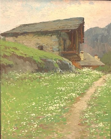 Romeo Borgognoni (Ravenna, 1875 - Pavia, 1944) 
Il sentiero di montagna  
Olio su tavola cm 61,5x49,5; con cornice cm 77,5x67,5
