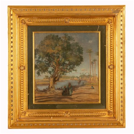 Alberto Rossi (Torino, 1854 - Torino, 1936) 
Il paesaggio egiziano 
olio su cartone cm 41x38; con cornice cm 59,5x56,5