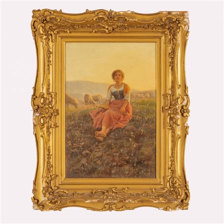 Raffaello Celommi (Firenze, 1881 - Roseto degli Abruzzi, 1957) 
Il riposo della pastorella 
olio su tela cm 34x23; con cornice cm 48x39