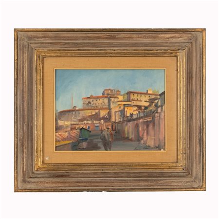 Romano Stefanelli (Firenze, 1931  - Firenze, 2016) 
Pescatore in scorcio di porto 
olio su tavola cm 31x40; con cornice cm 58x67,5