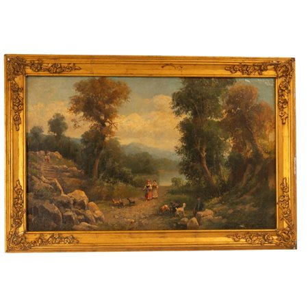 Nicola Palizzi (Vasto, 1820 - Napoli, 1870) 
Grande paesaggio agreste firmato  N. Palizzi XIX secolo
olio su tela cm 64,5x105; con cornice cm 81x121