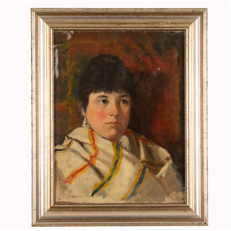  
Pittore napoletano "Donna con scialle" fine XIX inizi XX sec 
olio su tela cm 44x35; con cornice cm 55,5x45