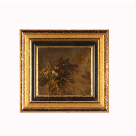 TITO PELLICCIOTTI (attribuito a) (Barisciano, 1871 - Barisciano, 1950) 
Asino e pecora che mangiano fieno 
olio su tavola cm 22x24,5; con cornice cm 36,5x39