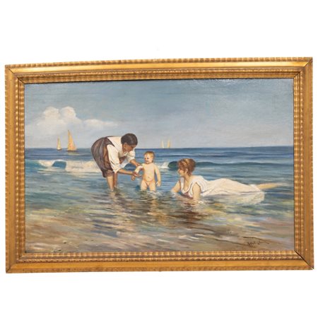 Raffaello Celommi (Firenze, 1881 - Roseto degli Abruzzi, 1957) 
Donna Annunziata Cermignani in Michetti con il figlio Giorgio e la tata sulla battigia Francavilla al Mare 
olio su tela cm  61x97; con cornice cm 76x111