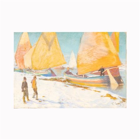 Tommaso Cascella (Ortona, 1890 - Pescara, 1968) 
"APPRODO SULLA PESCARA INNEVATA"  
PASTELLO SU CARTA  H 36,2 x 53 L cm