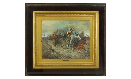 TITO PELLICCIOTTI (Barisciano, 1871 - Barisciano, 1950) 
Carovana con asini e cavalli 
olio su tavola cm 35,5x45