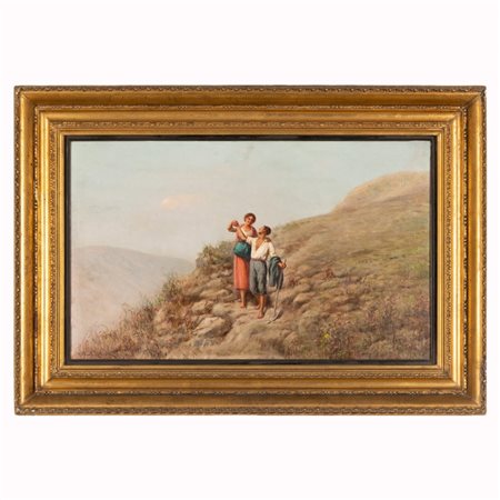 Raffaello Celommi (Firenze, 1881 - Roseto degli Abruzzi, 1957) 
Idillio 
olio su tela cm 40x65; con cornice cm 57x80