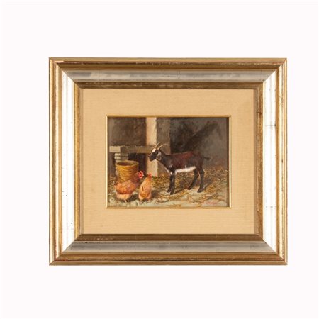Eduardo  Cerrone (Napoli, 1935 - Napoli, 2010) 
Capra e gallina nella stalla 
olio su tavola cm 17,5x22,5; con cornice cm 39x44,5