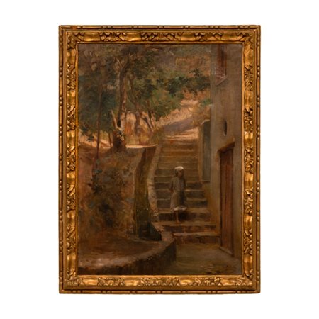 Francesco De Nicola (Musellaro, 1882 - Napoli, 1961) 
Scena di borgo  
olio su tela cm 82x58; con cornice cm 95x71