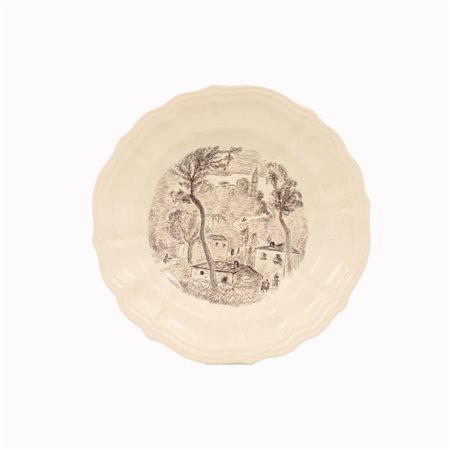 Michele Cascella (Ortona, 07/09/1892 - Milano, 31/08/1989) 
Piatto in terraglia bianca smaltata con paesaggio di Rapino (CH) 
 diametro cm 26