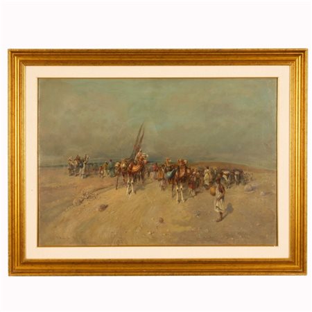 TITO PELLICCIOTTI (Barisciano, 1871 - Barisciano, 1950) 
Carovana di Meharisti 
olio su tela cm 51x85; con cornice 79,5x104,5