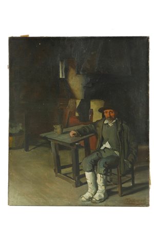 Teofilo Patini (Castel di Sangro, 1840 - Napoli, 1906) Interno domestico con figura maschile seduta, 1888