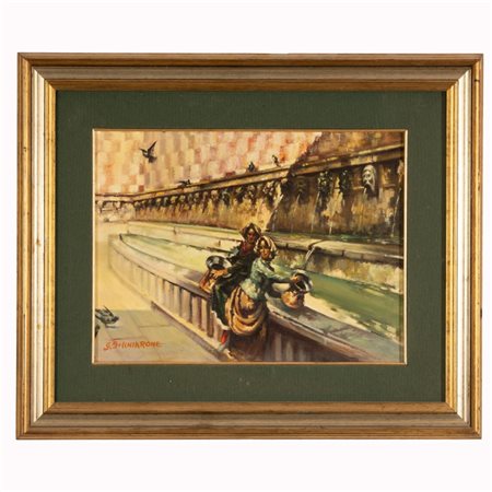 G. Bucchiarone  
Donne in abiti tradizionali attingono acqua dalla fontana delle 99 cannelle 
olio su tela cm 30x38,5; con cornice cm 49x58,5