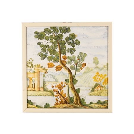  
Mattonella in cornice in legno, Castelli, a firma Fuina 
 