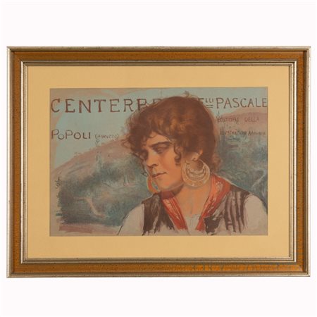 Basilio Cascella (Pescara, 1860 - Roma, 1950) 
Centerbe F.lli Pascale. ritratto a mezzo busto di donna con grandi orecchini 
 cm 37x55
