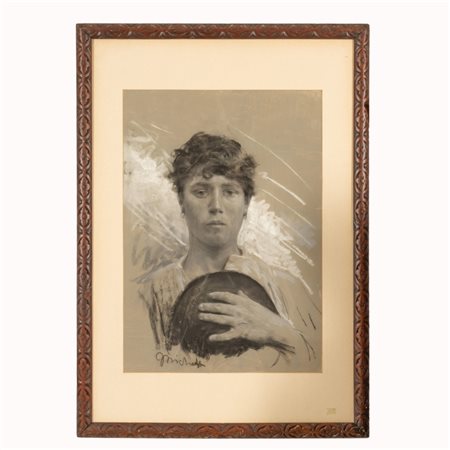Francesco Paolo Michetti (firma_di) (Tocco da Casauria, 1851 - Francavilla al Mare, 1929) 
Giovane con cappello 
Tecninca mista - carboncino, pastelli e biacca - su carta cm 87x62,5; con cornice cm 97,5x70