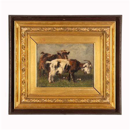 Giuseppe  Palizzi (firma_di) (Lanciano, 1812 - Parigi, 1888) 
L'amore del caprone 
olio su tela cm 20x24,5; con cornice cm 43,5x49,5