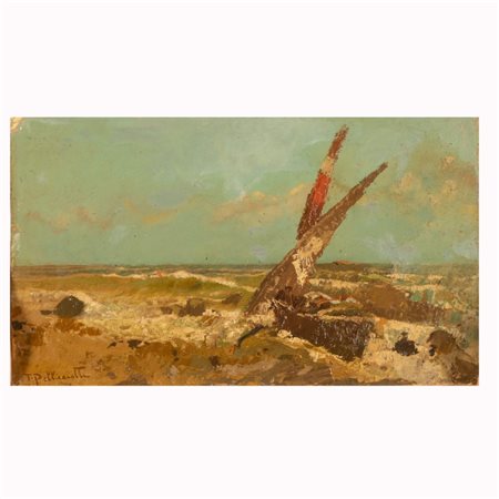 TITO PELLICCIOTTI (Barisciano, 1871 - Barisciano, 1950) 
Paesaggio marino con barche 
olio su cartone pressato cm 22x34; con cornice cm 47x58