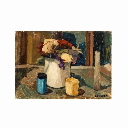 Amleto Cencioni (L'Aquila, 1906 - L'Aquila, 1994) 
Natura morta 
olio su cartone  cm 29,5x41,5