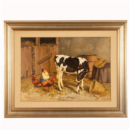 Eduardo  Cerrone (Napoli, 1935 - Napoli, 2010) 
Mucca e gallina nella stalla 
olio su tela cm 50x70; con cornice cm 75x94